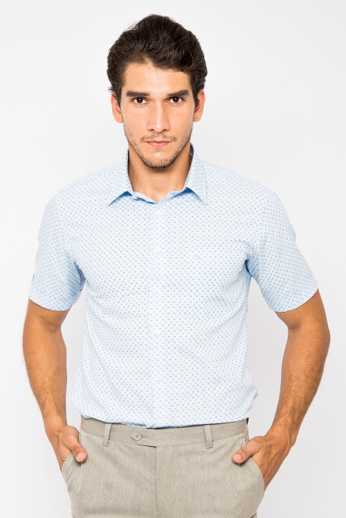 Sơ Mi Xanh Nhạt Họa Tiết Slim Fit Ngắn Tay - HẾT HÀNG