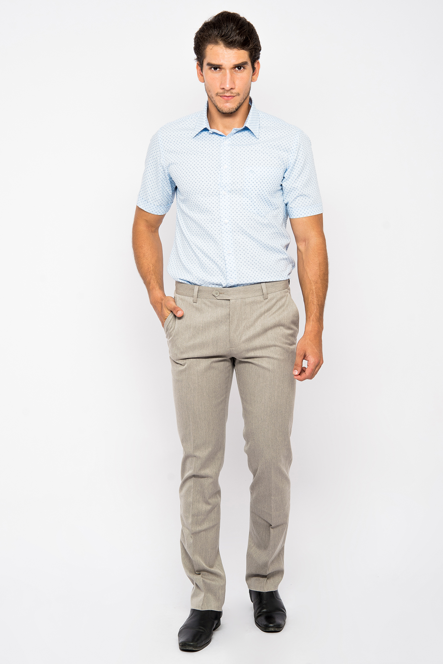 Sơ Mi Xanh Nhạt Họa Tiết Slim Fit Ngắn Tay - HẾT HÀNG