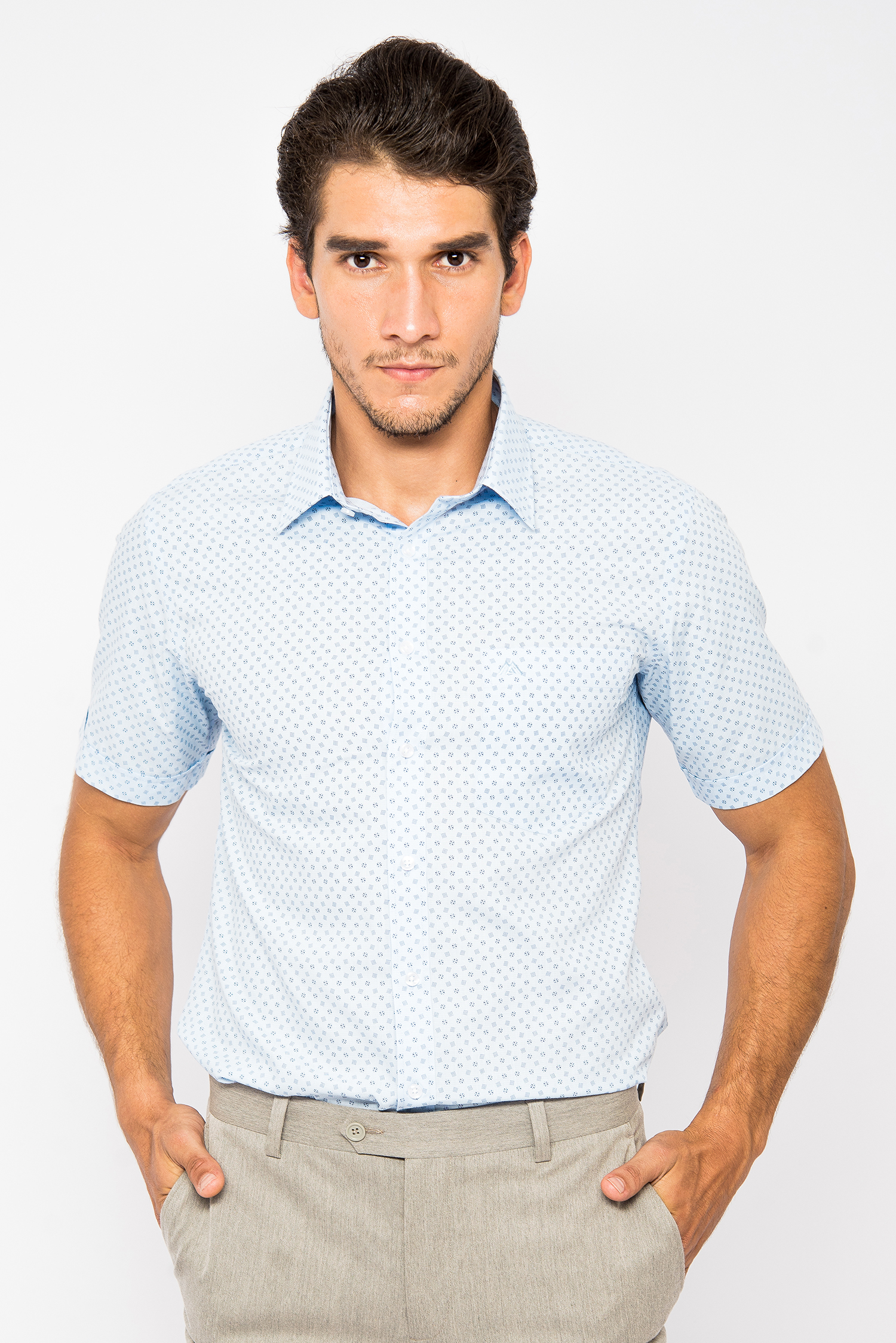 Sơ Mi Xanh Nhạt Họa Tiết Slim Fit Ngắn Tay - HẾT HÀNG