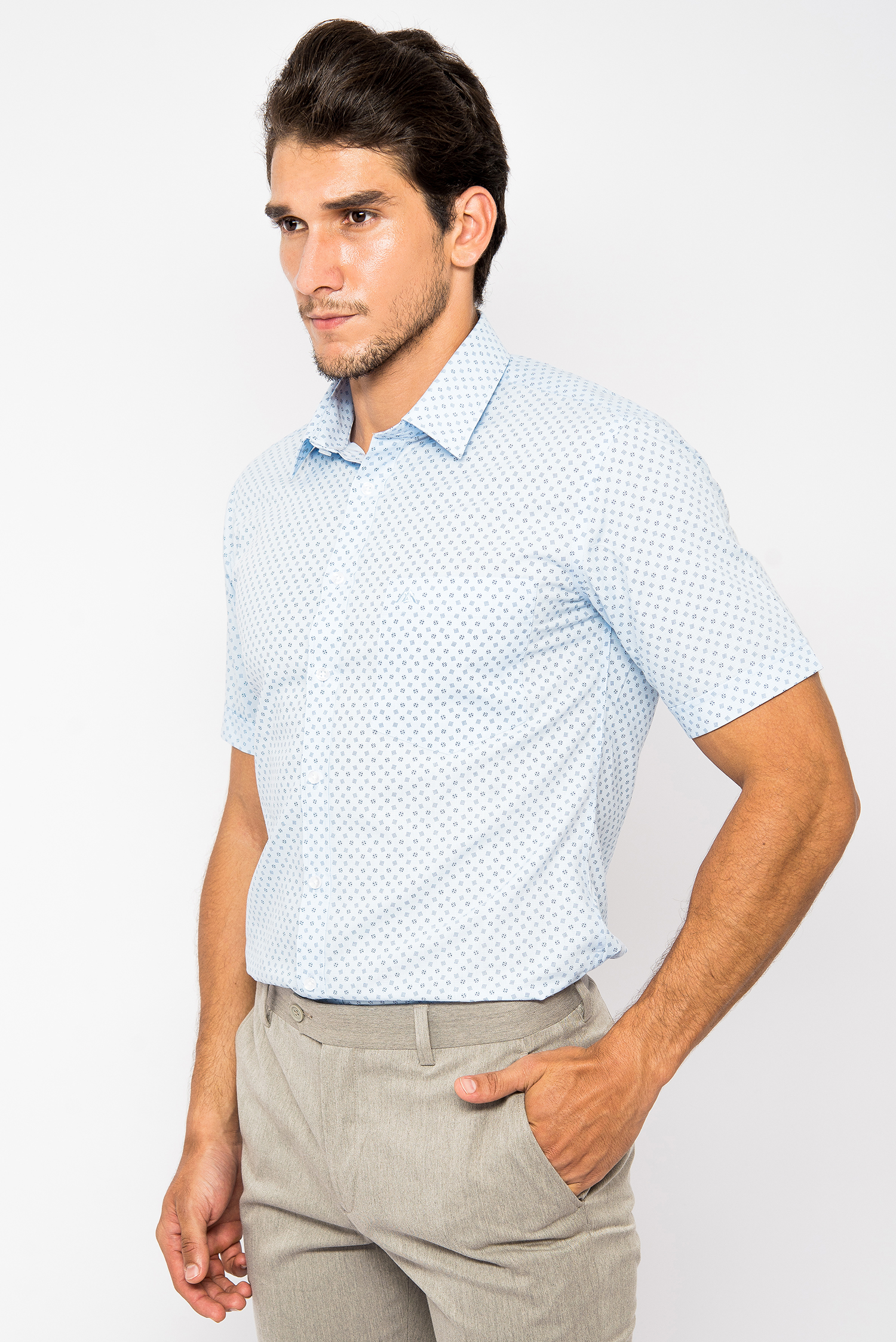 Sơ Mi Xanh Nhạt Họa Tiết Slim Fit Ngắn Tay - HẾT HÀNG