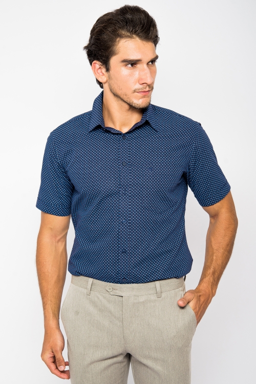 Sơ Mi Xanh Đen Chấm Bi Sllim Fit Ngắn Tay - HẾT HÀNG