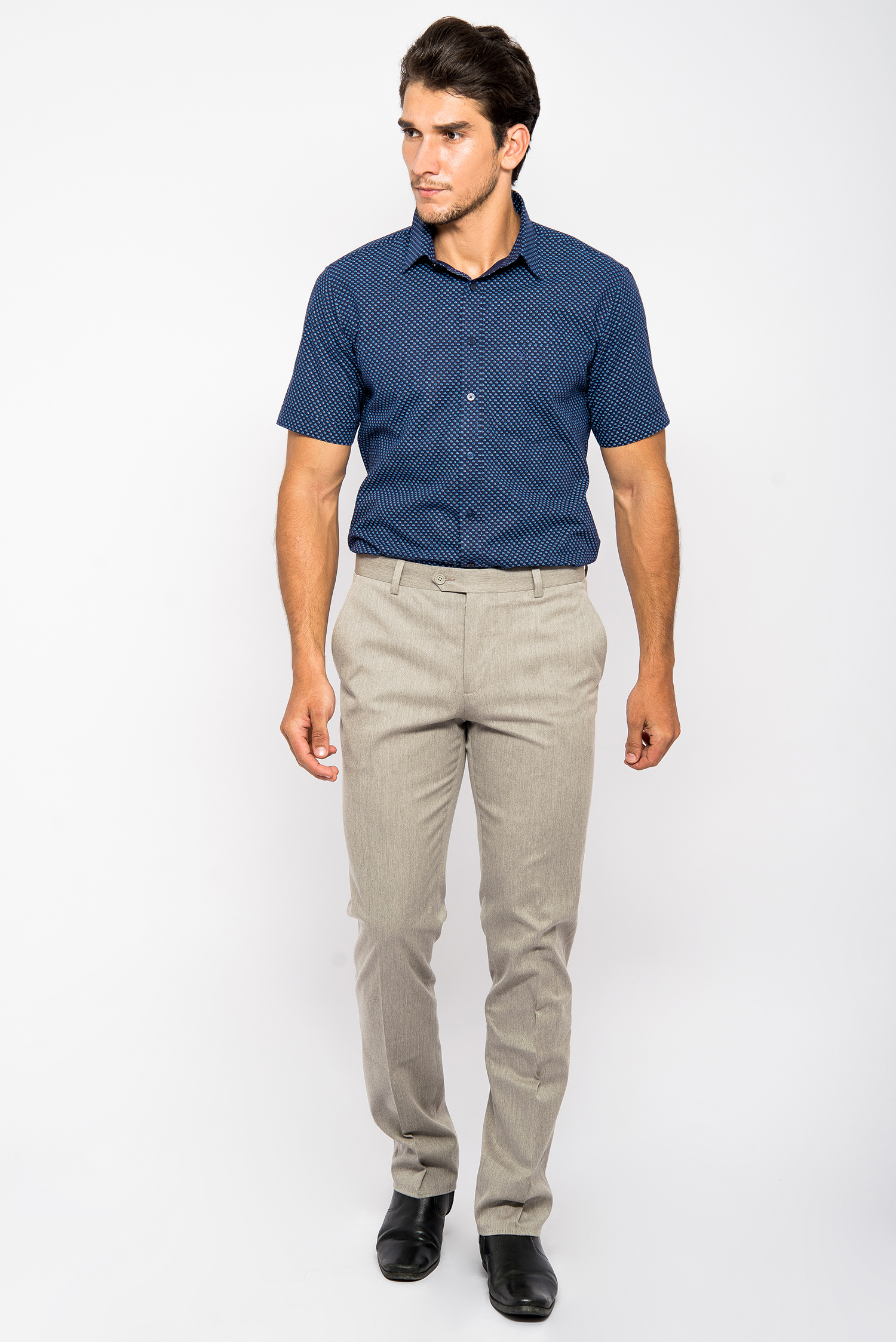 Sơ Mi Xanh Đen Chấm Bi Sllim Fit Ngắn Tay - HẾT HÀNG