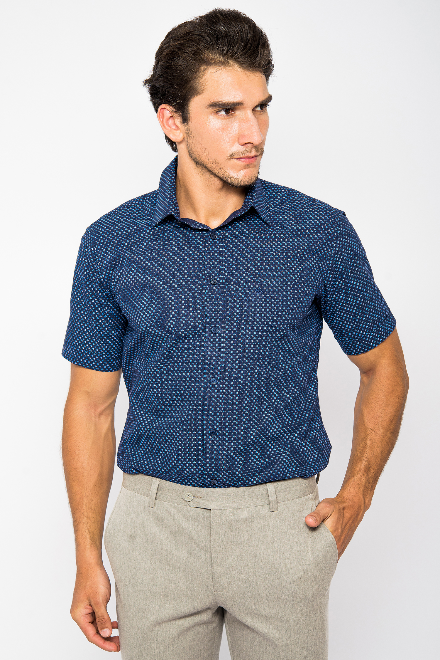 Sơ Mi Xanh Đen Chấm Bi Sllim Fit Ngắn Tay - HẾT HÀNG