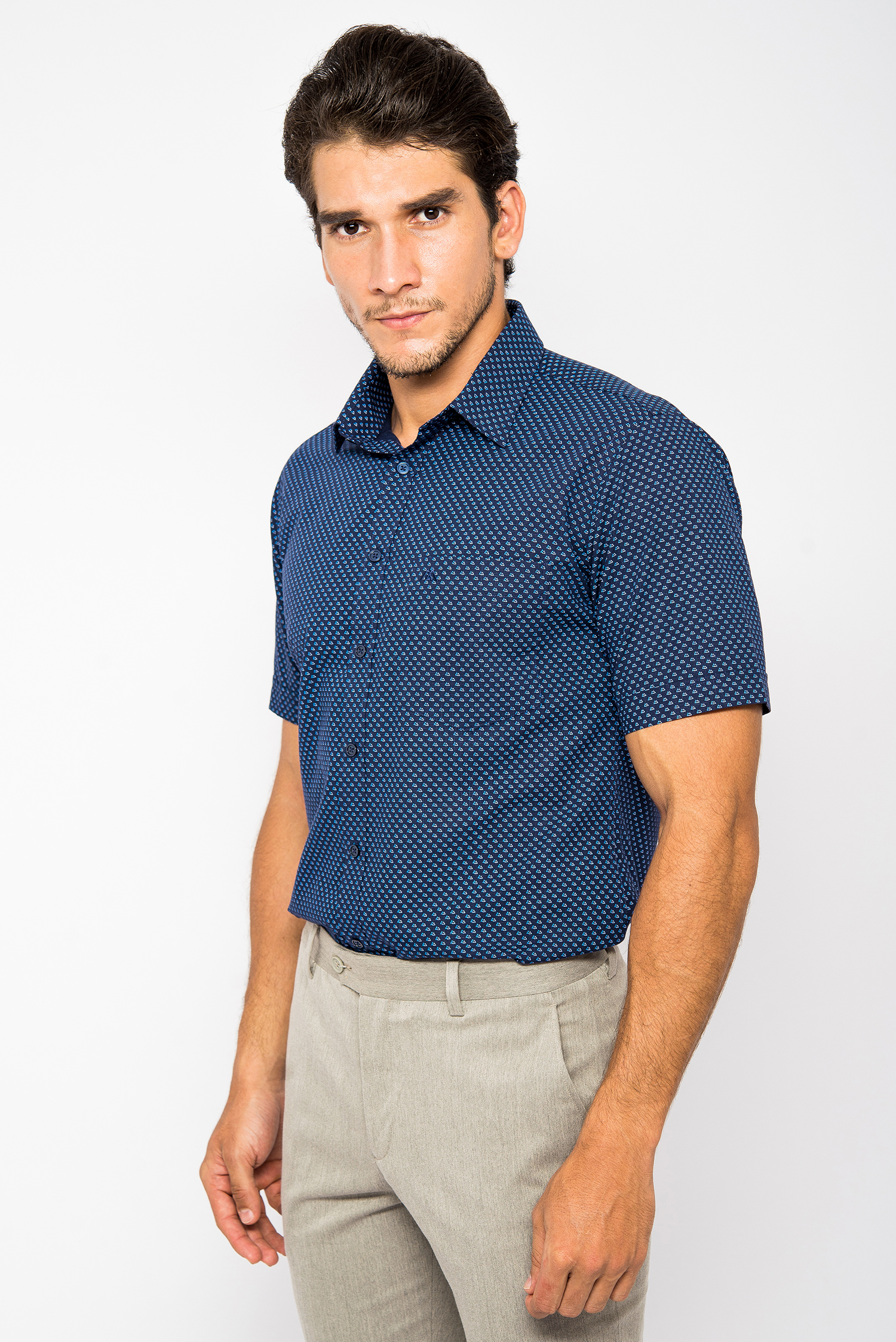 Sơ Mi Xanh Đen Chấm Bi Sllim Fit Ngắn Tay - HẾT HÀNG