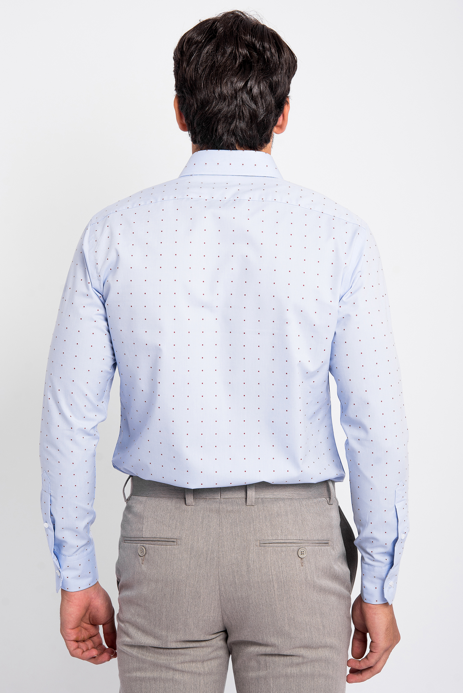 Sơ Mi Xanh Nhạt Chấm Bi Đỏ Slim Fit Dài Tay - HẾT HÀNG