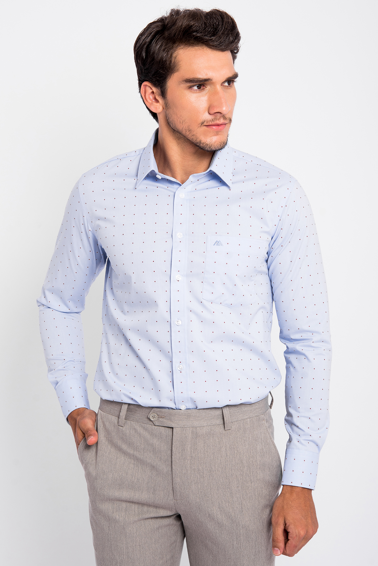 Sơ Mi Xanh Nhạt Chấm Bi Đỏ Slim Fit Dài Tay - HẾT HÀNG