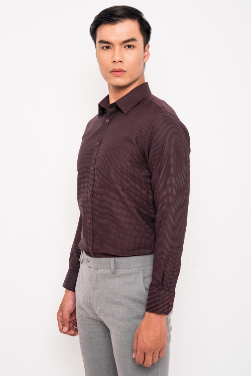 Sơ Mi Đỏ Sẫm Chấm Bi Trắng Nhỏ Slim Fit Dài Tay - HẾT HÀNG