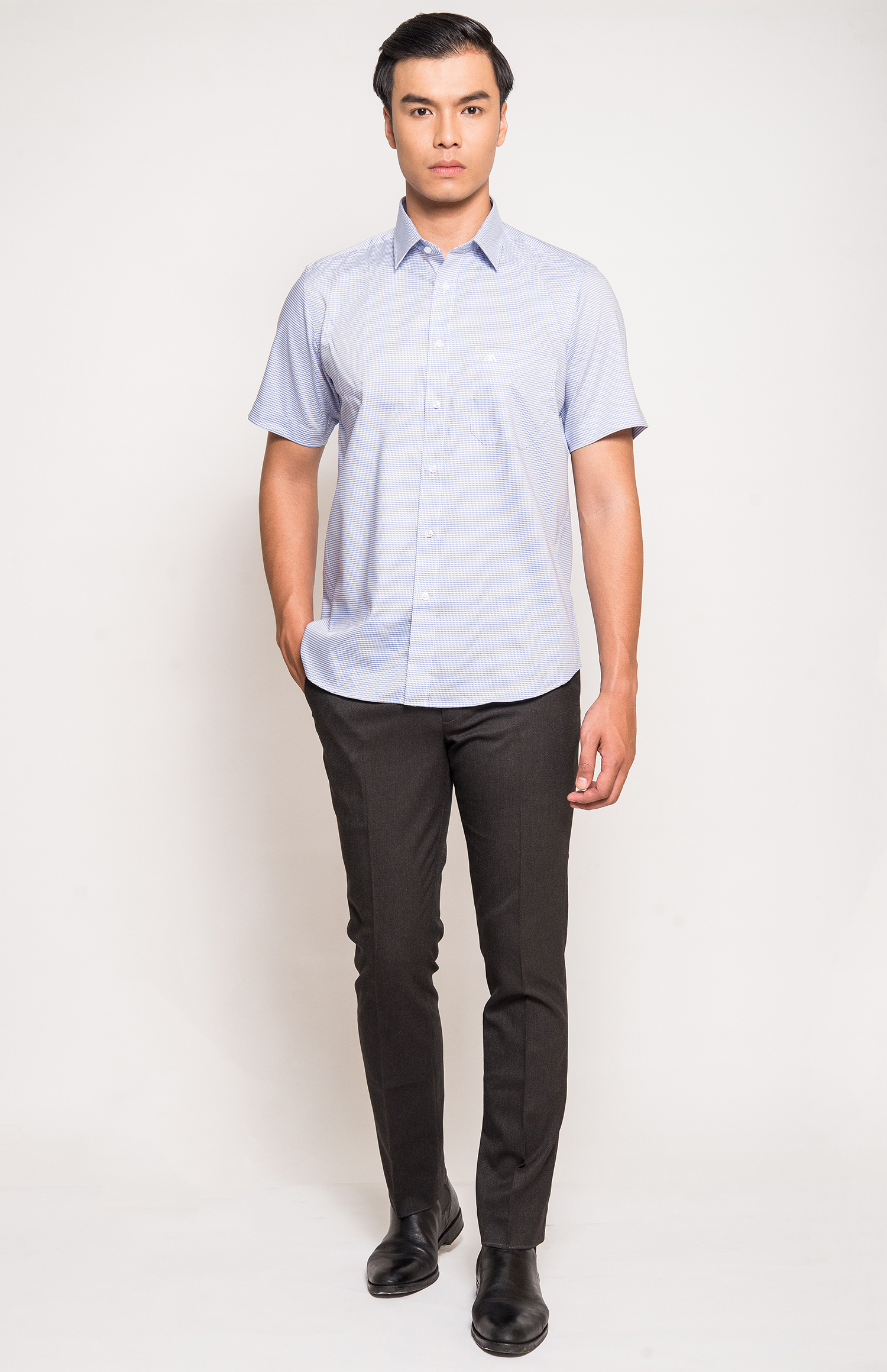 Sơ Mi Trắng Sọc Ngang Nhuyễn Classic Fit Ngắn Tay  - HẾT HÀNG