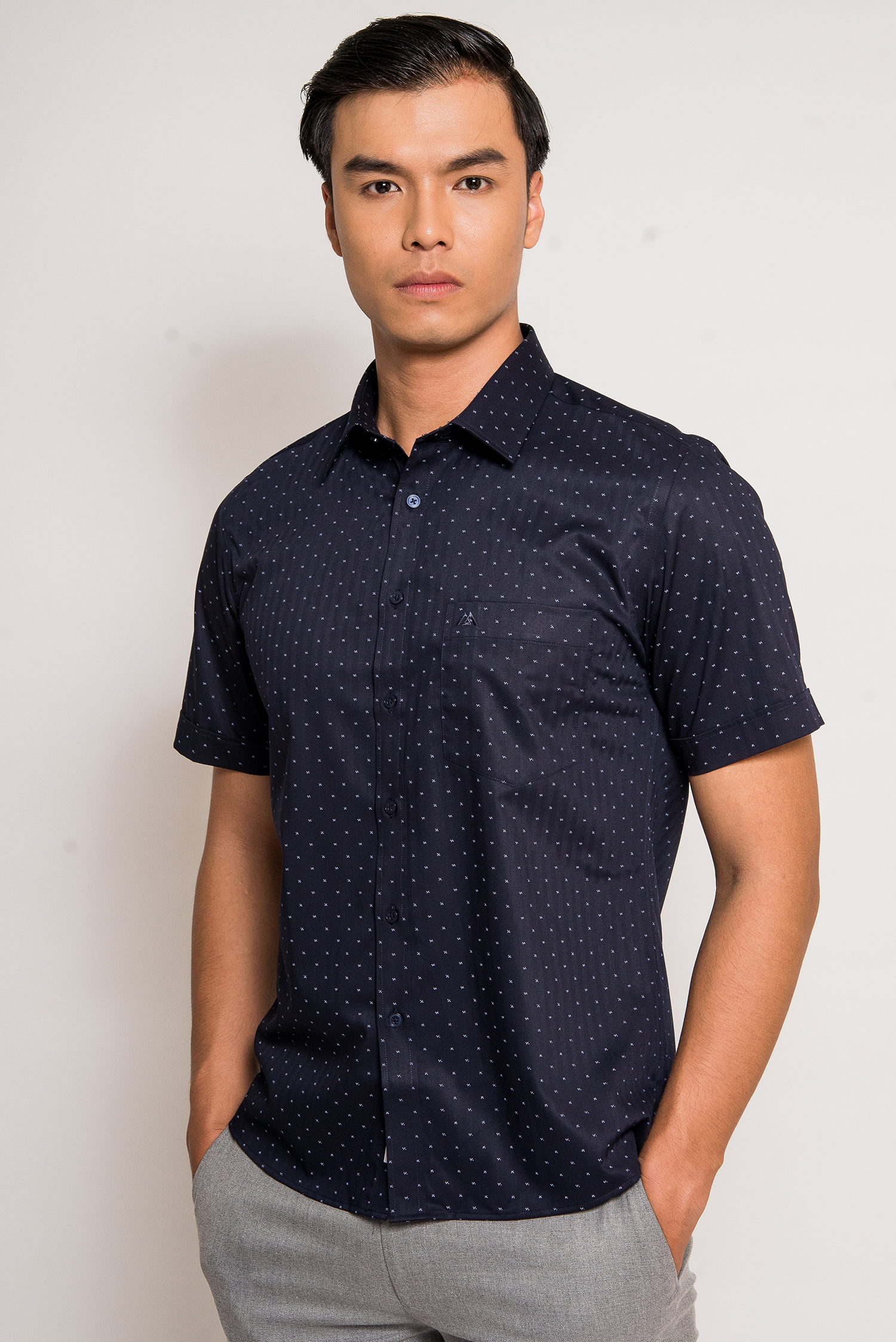 Sơ mi  Ngắn tay Casual Xanh Đen chấm bi - HẾT HÀNG