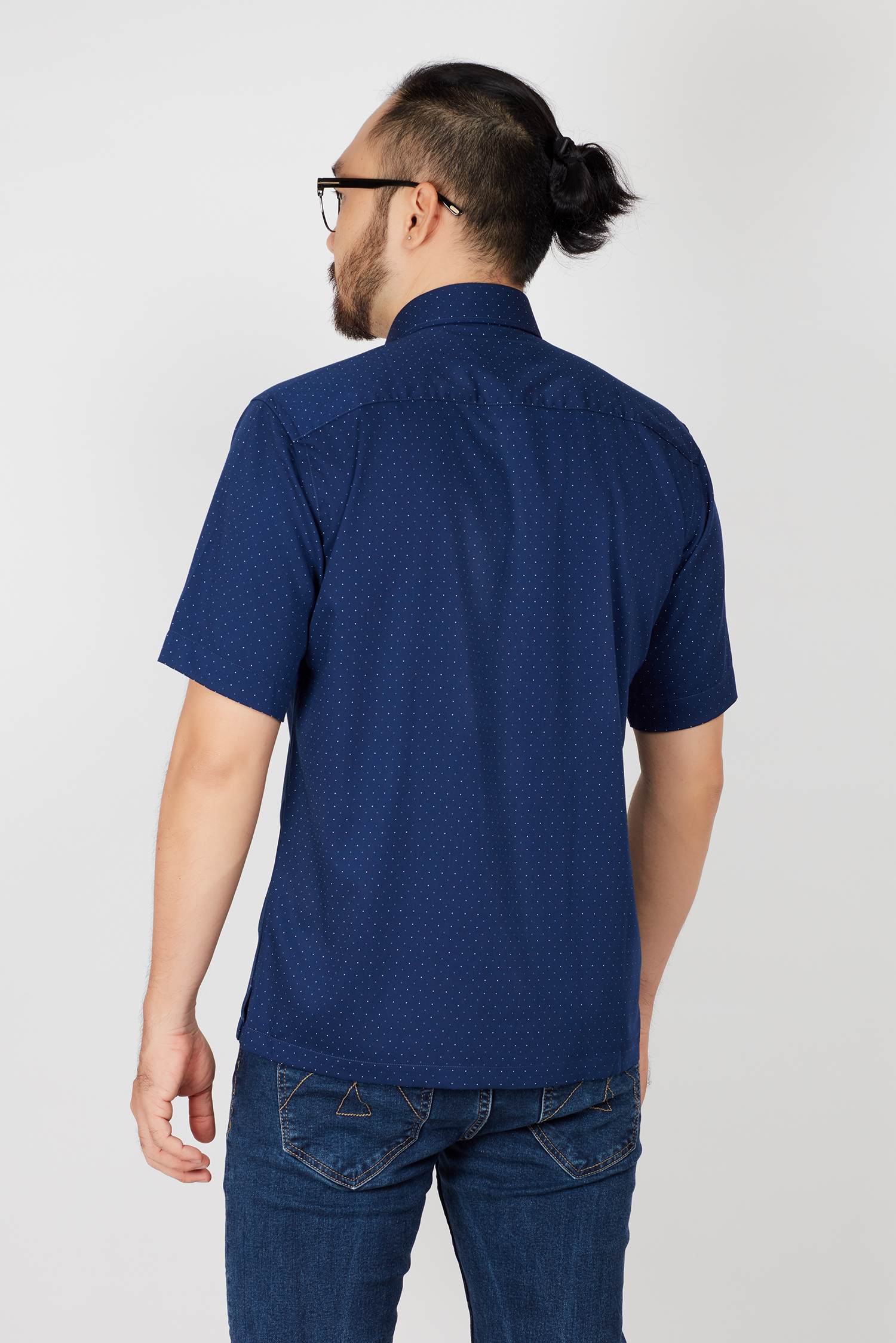 Áo sơ mi nam Casual ngắn tay xanh hoa văn chấm bi - HẾT HÀNG