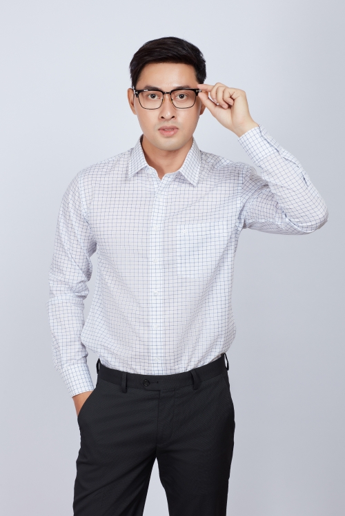Áo sơ mi nam Slim fit dài tay trắng sọc ca rô - HẾT HÀNG