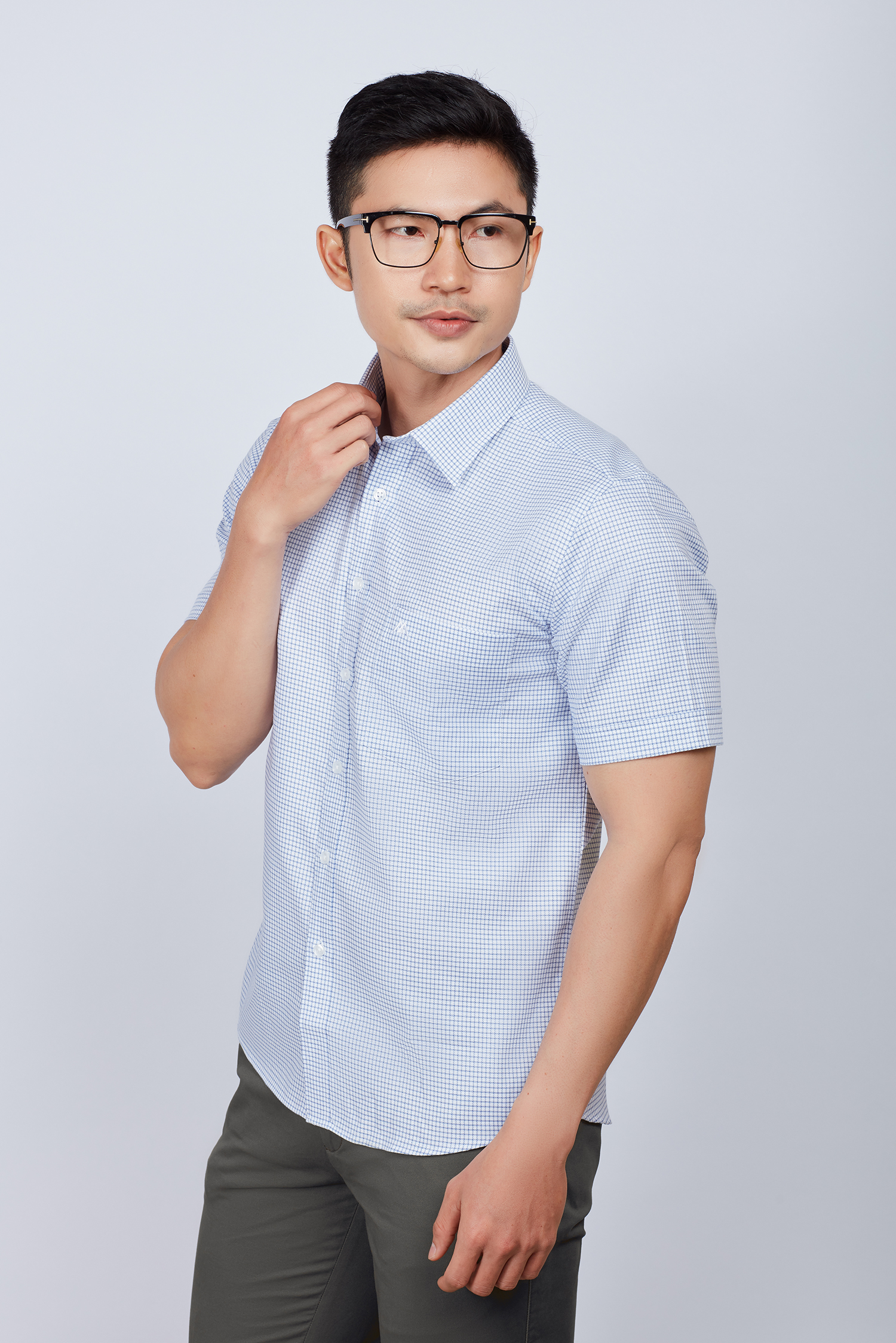 Áo sơ mi nam Casual ngắn tay trắng sọc ca rô xanh-HẾT HÀNG