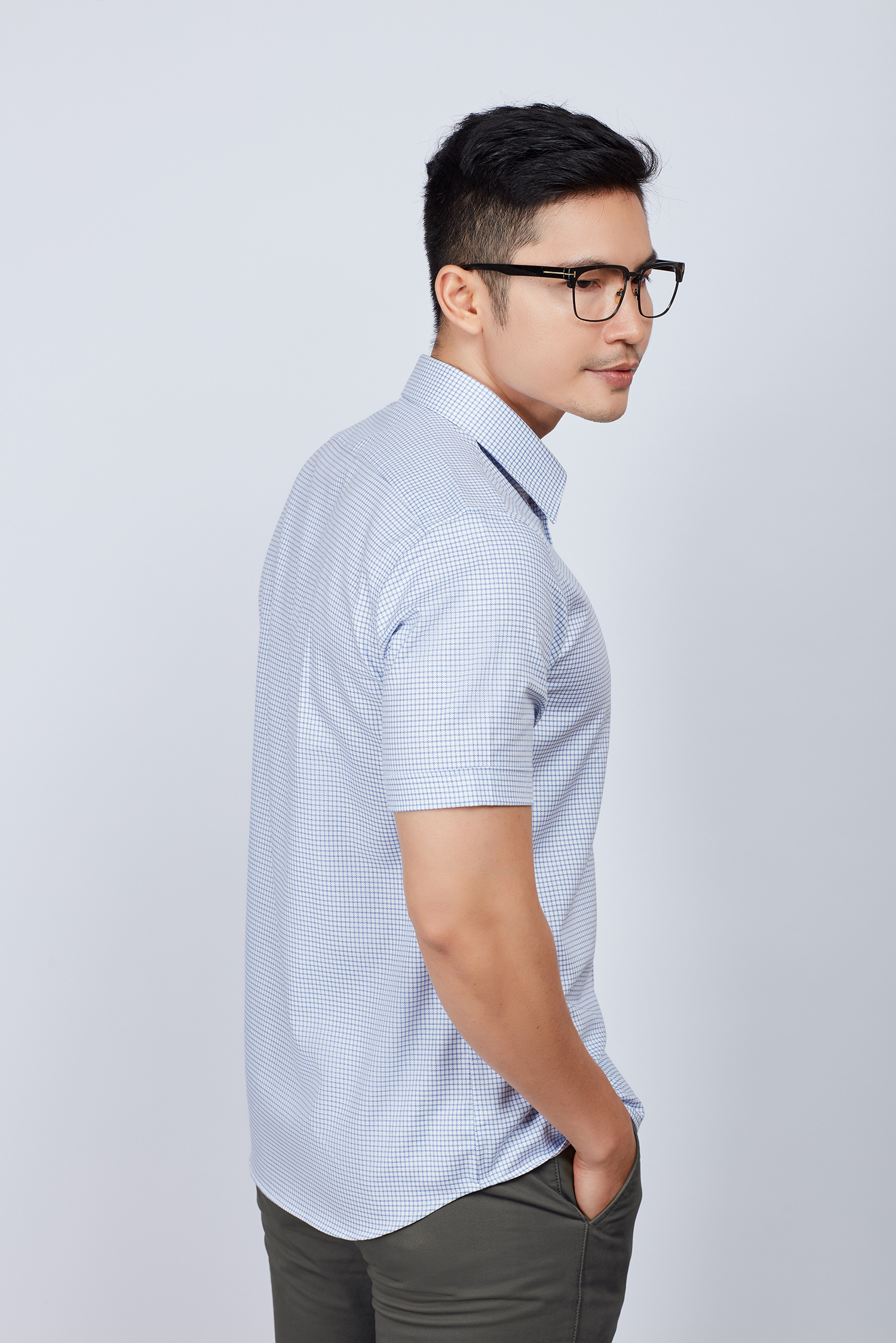 Áo sơ mi nam Casual ngắn tay trắng sọc ca rô xanh-HẾT HÀNG