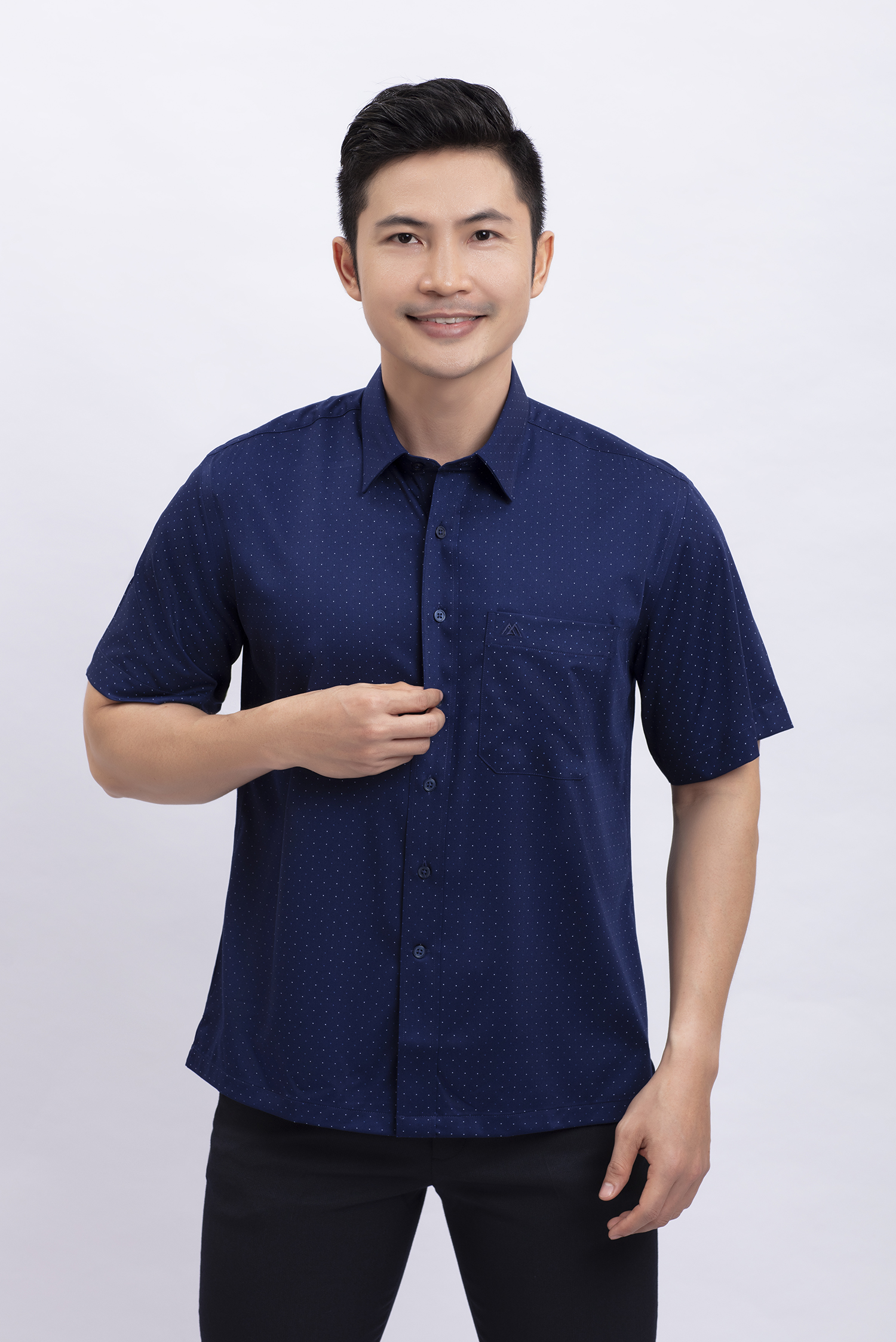 Áo sơ mi nam ngắn tay Casual xanh dương in họa tiết - HẾT HÀNG