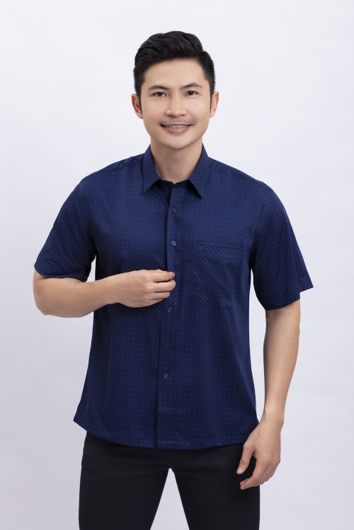 Áo sơ mi nam ngắn tay Casual xanh dương in họa tiết - HẾT HÀNG