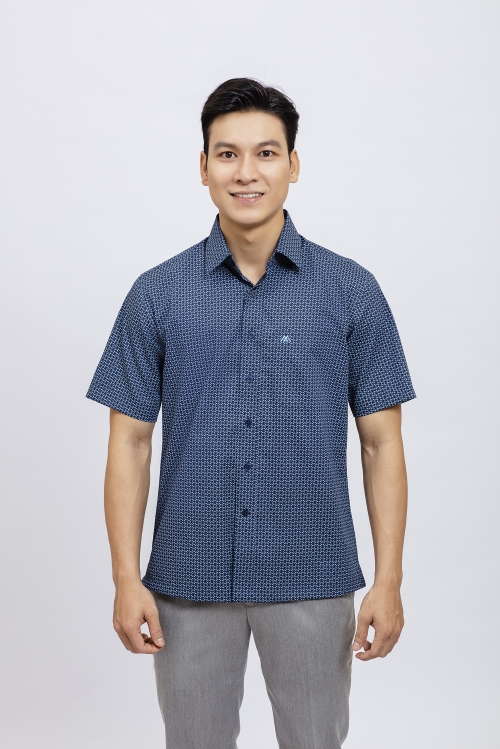 Sơ mi nam ngắn tay Casual xanh dương họa tiết vuông - HẾT HÀNG