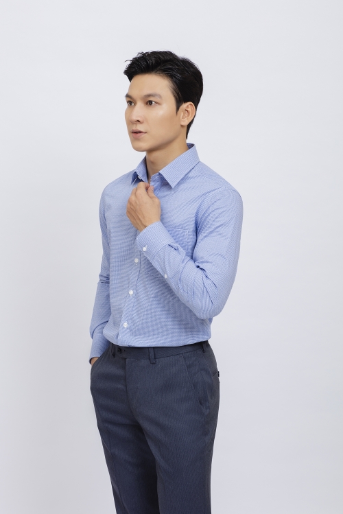 Áo sơ mi nam Dài tay Regular Fit họa tiết xanh dương - HẾT HÀNG