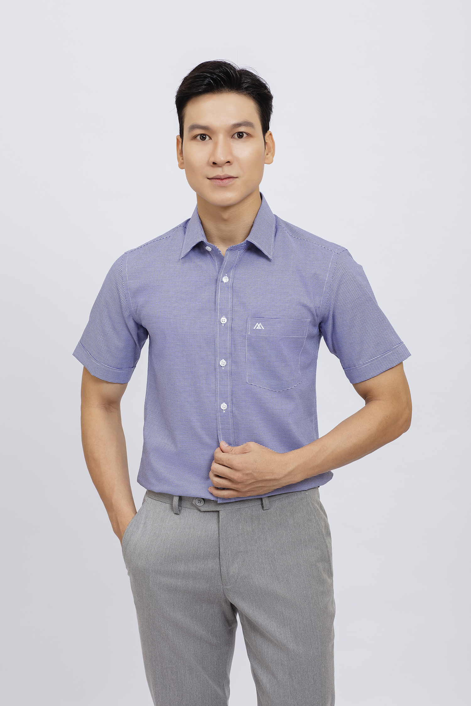 Sơ mi nam Ngắn tay Slimfit caro nhỏ xanh dương - HẾT HÀNG