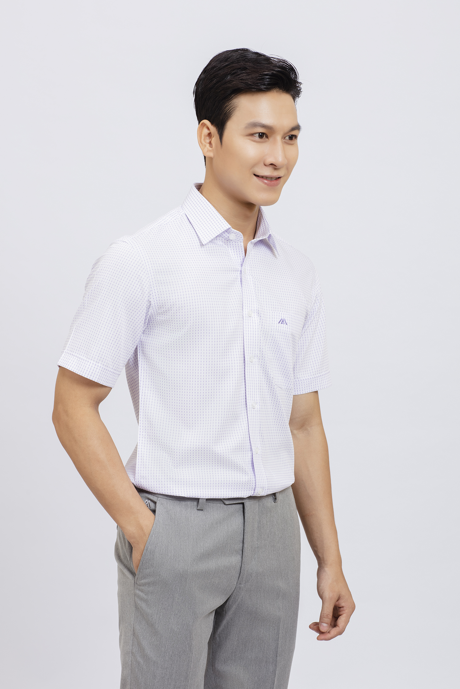 Sơ mi nam Ngắn tay Slim Fit họa tiết tím nhạt - HẾT HÀNG