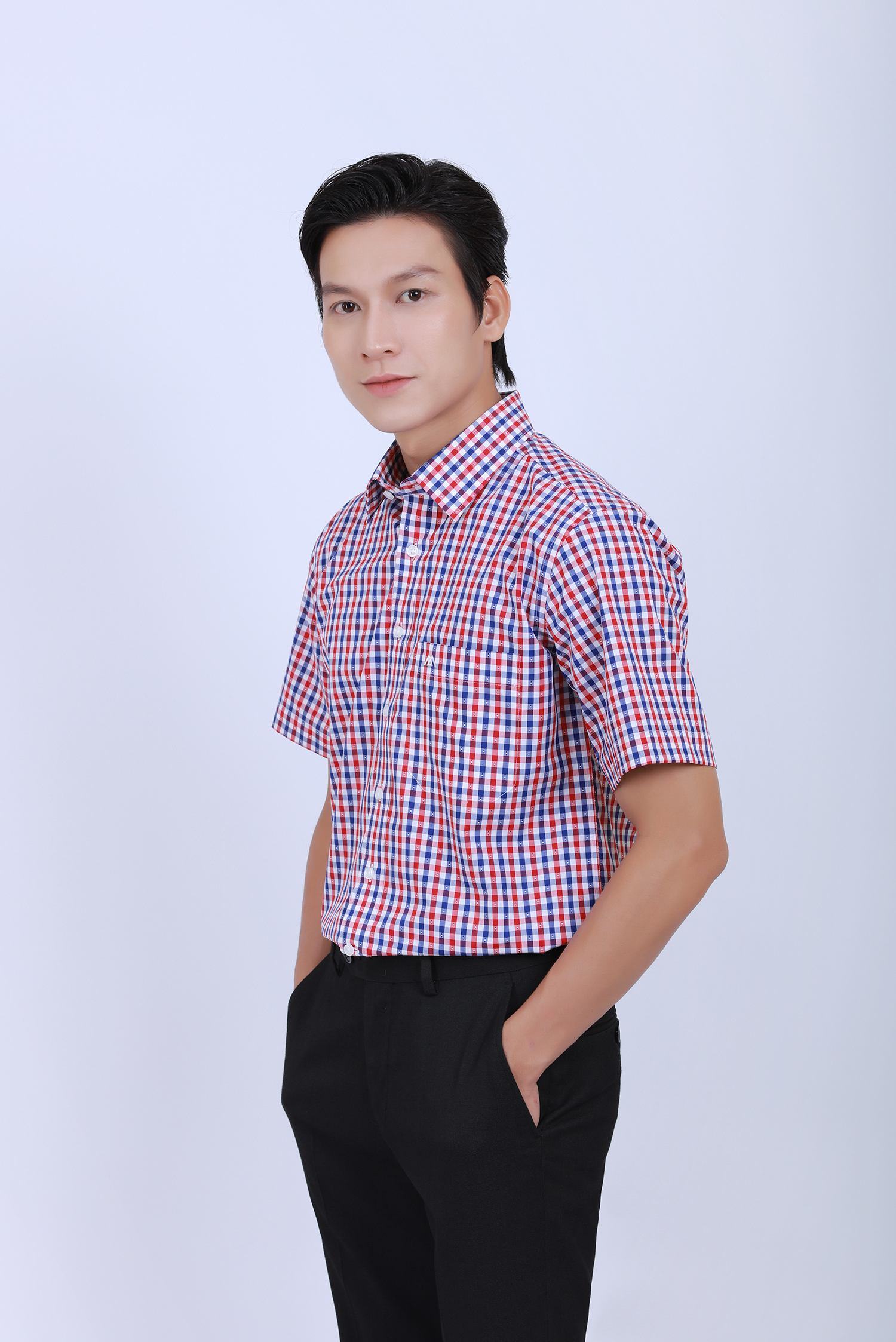 Áo Sơ mi nam ngắn tay - Casual vạt ngang caro đỏ - HẾT HÀNG