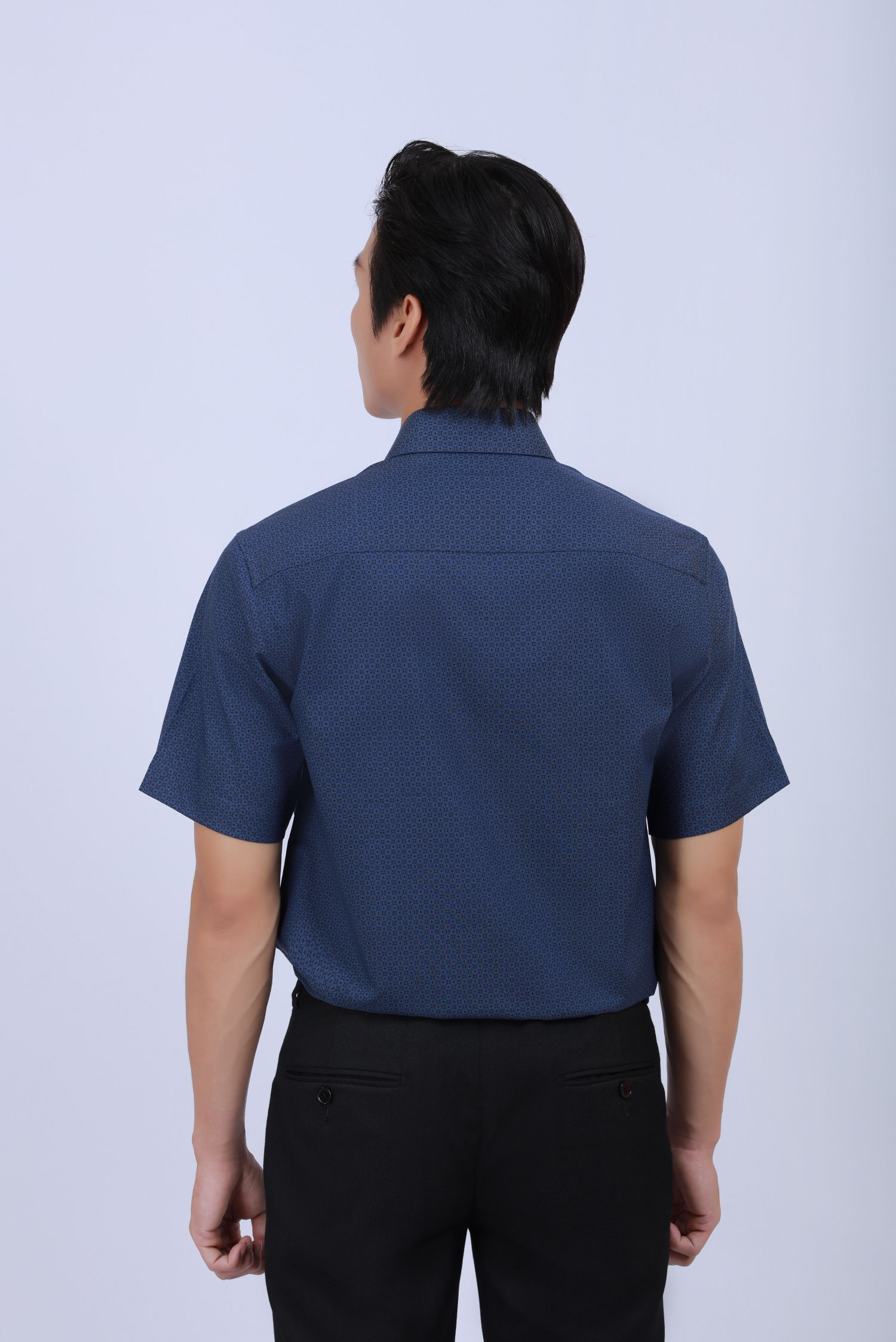 Sơ mi nam ngắn tay - Casual vạt ngang, hoa văn xanh dương