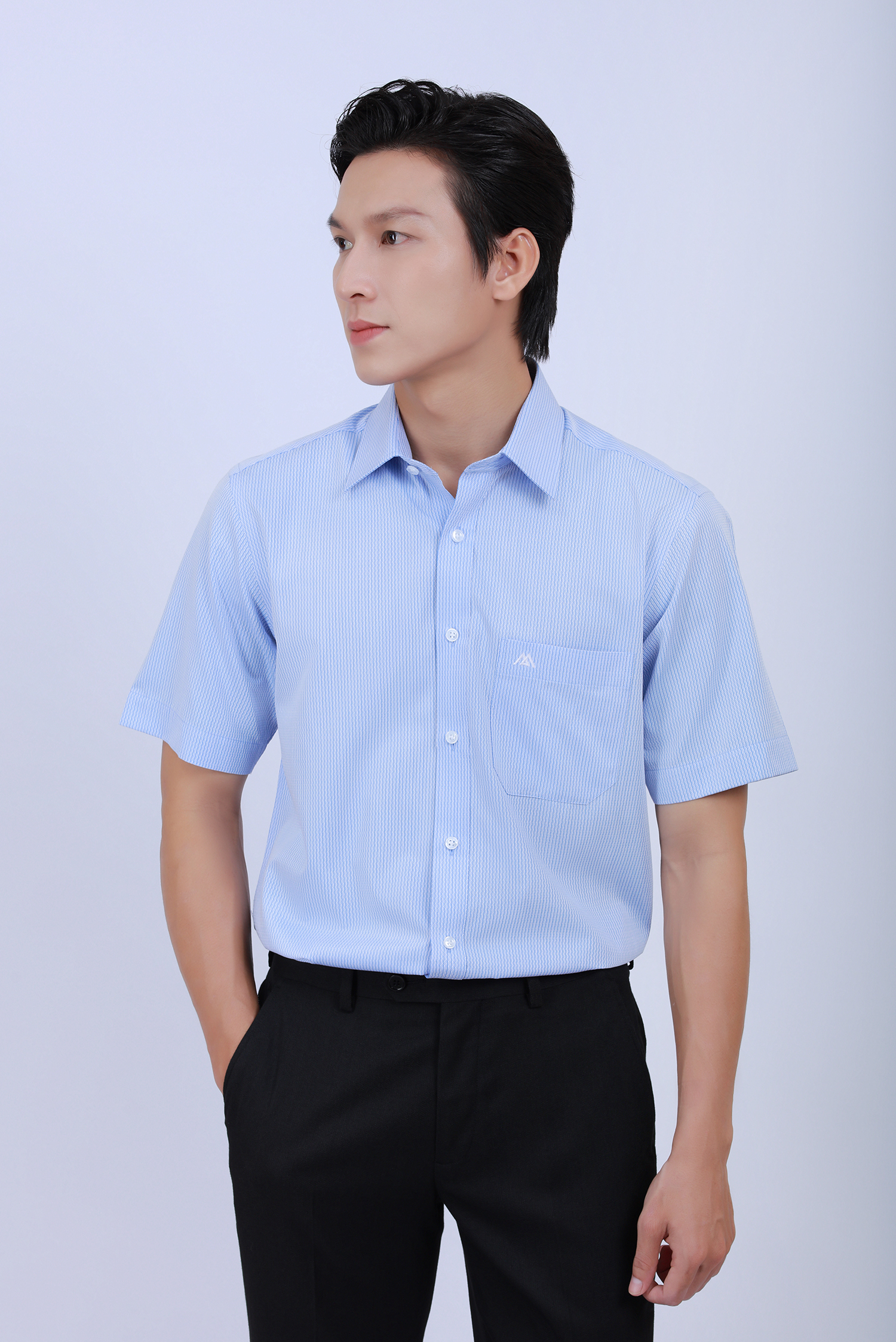  Sơ mi nam ngắn tay - Classic, màu xanh sọc nhỏ - HẾT HÀNG