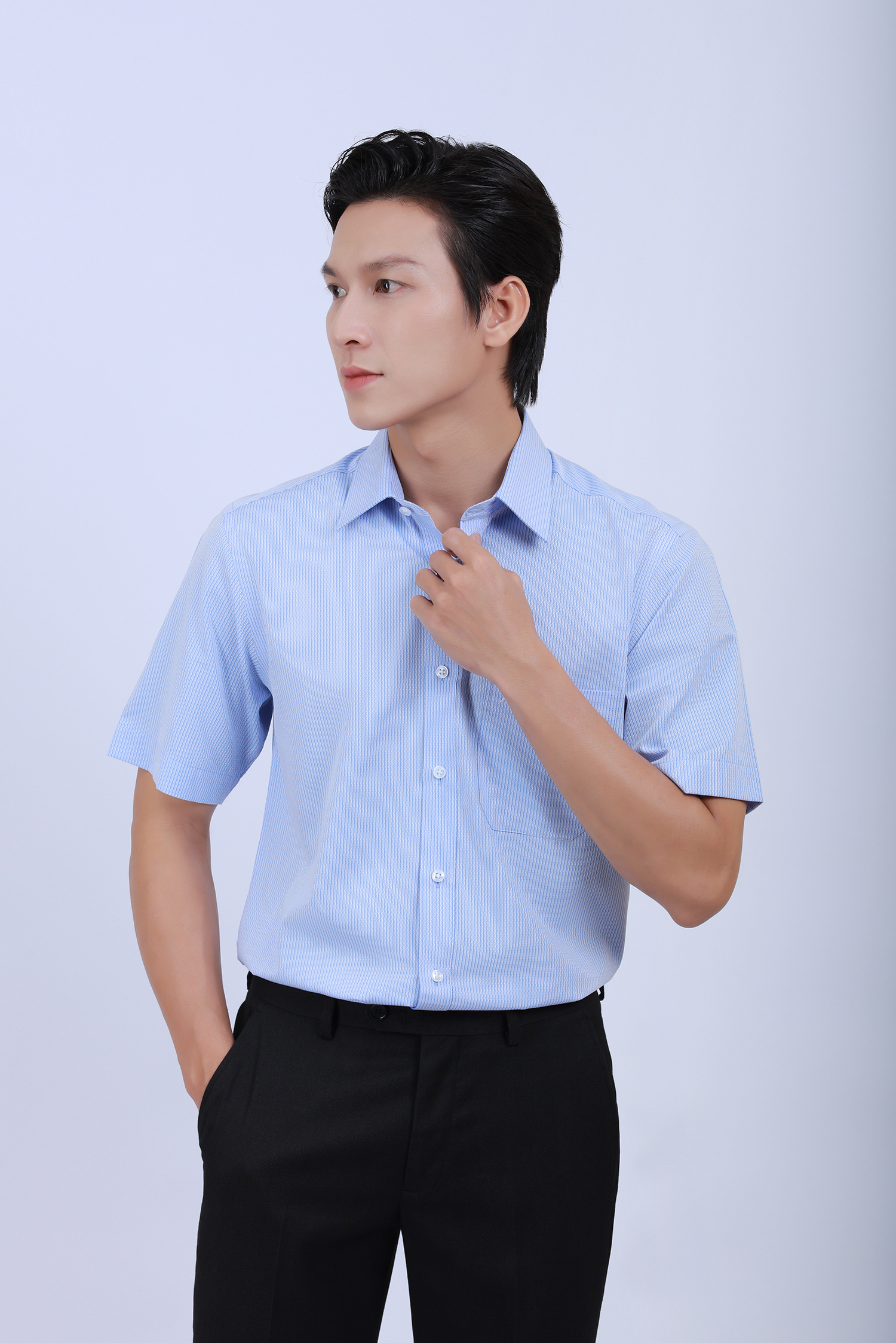  Sơ mi nam ngắn tay - Classic, màu xanh sọc nhỏ - HẾT HÀNG