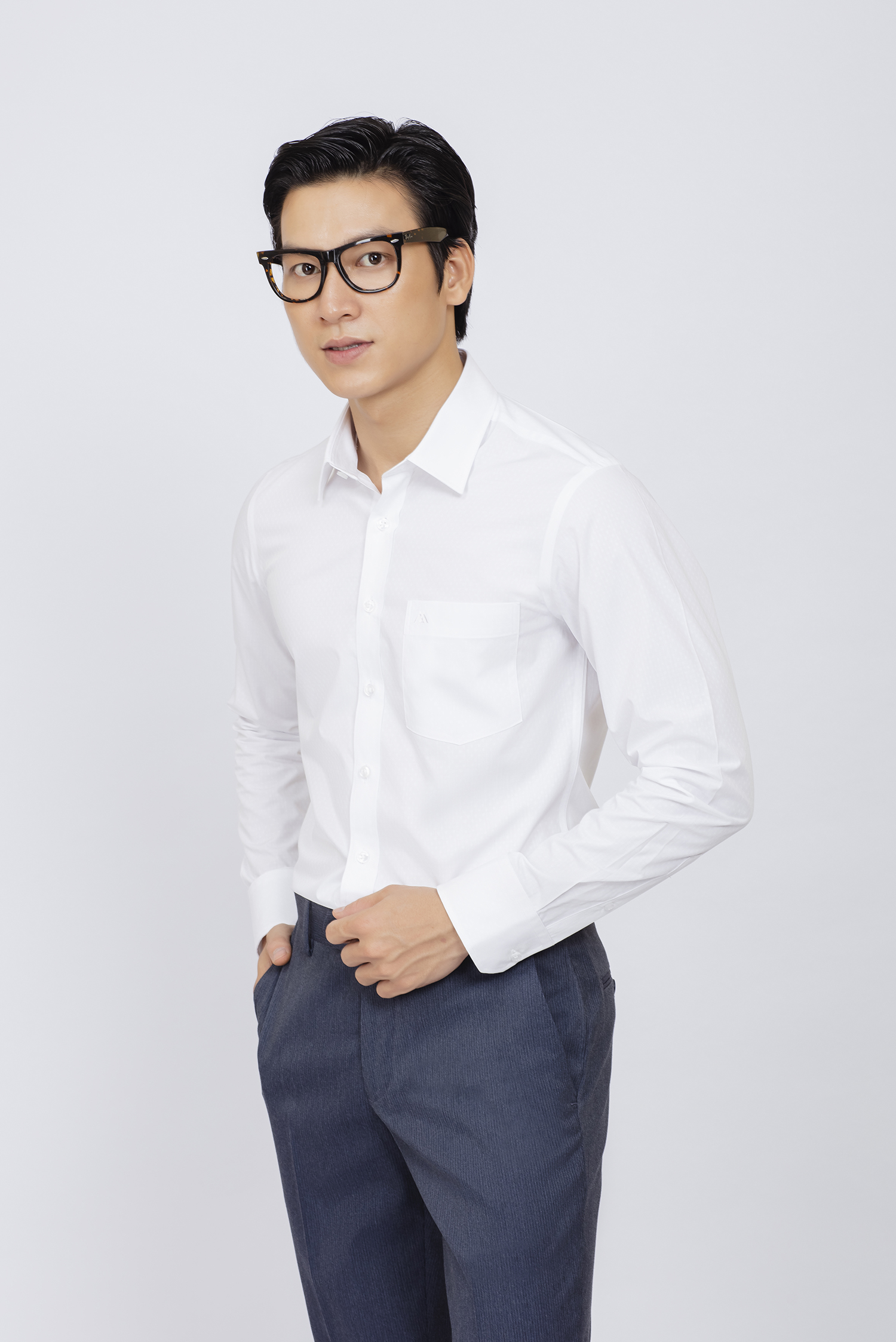  Sơ mi nam dài tay - Slimfit - Trắng hoa văn nhẹ