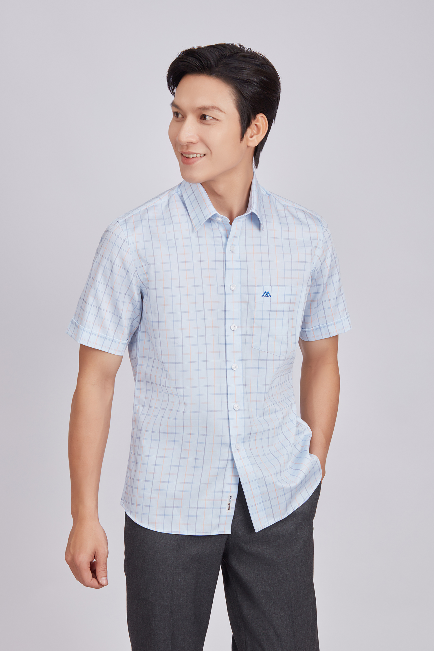 Sơ mi nam ngắn tay - Regular, vạt ngắn - Xanh caro