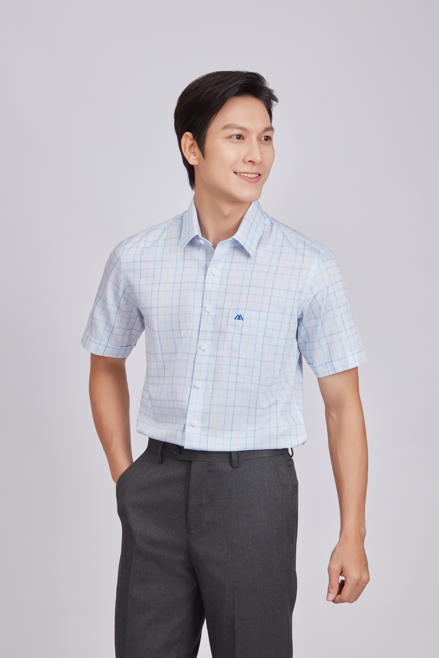 Sơ mi nam ngắn tay - Regular, vạt ngắn - Xanh caro