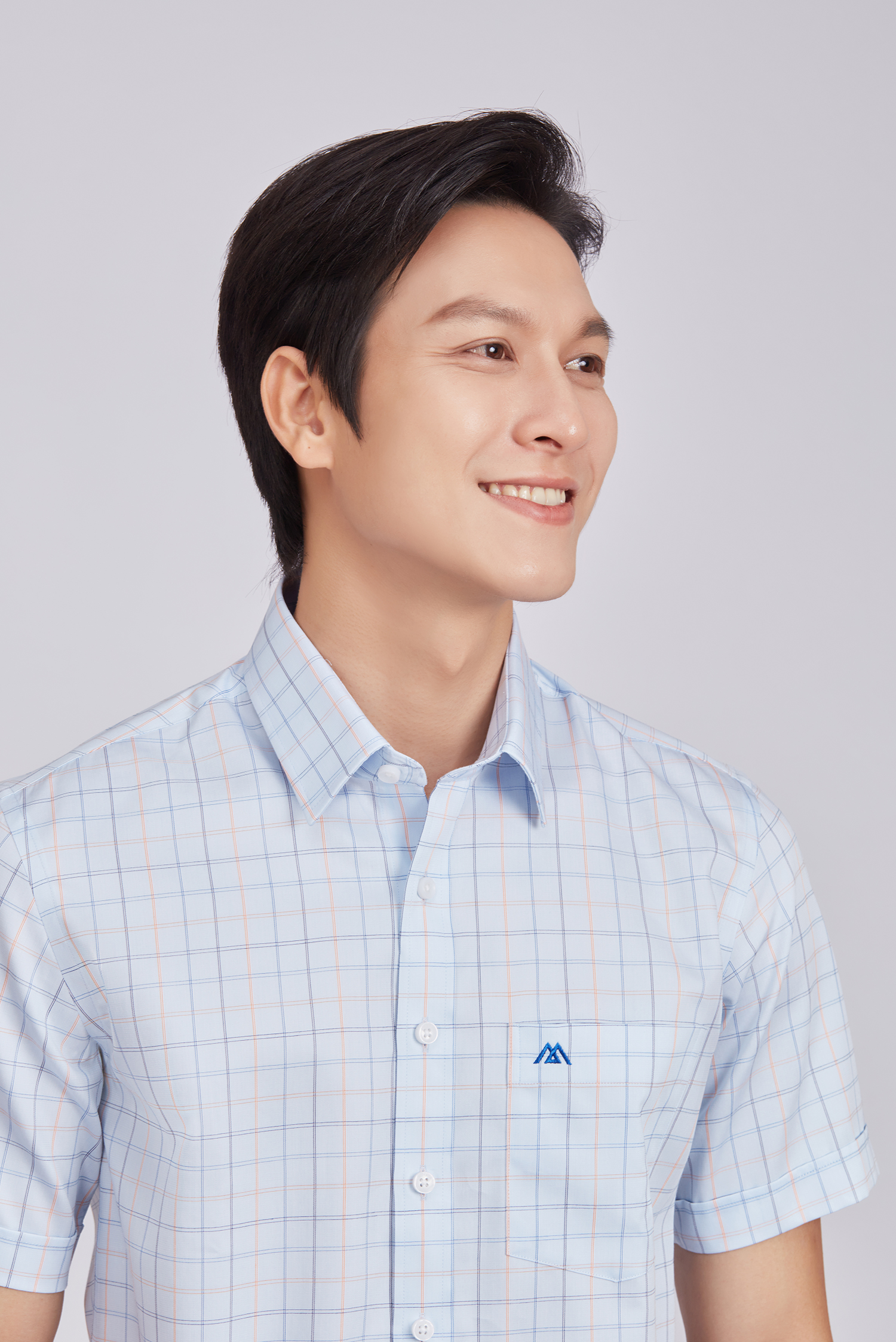 Sơ mi nam ngắn tay - Regular, vạt ngắn - Xanh caro