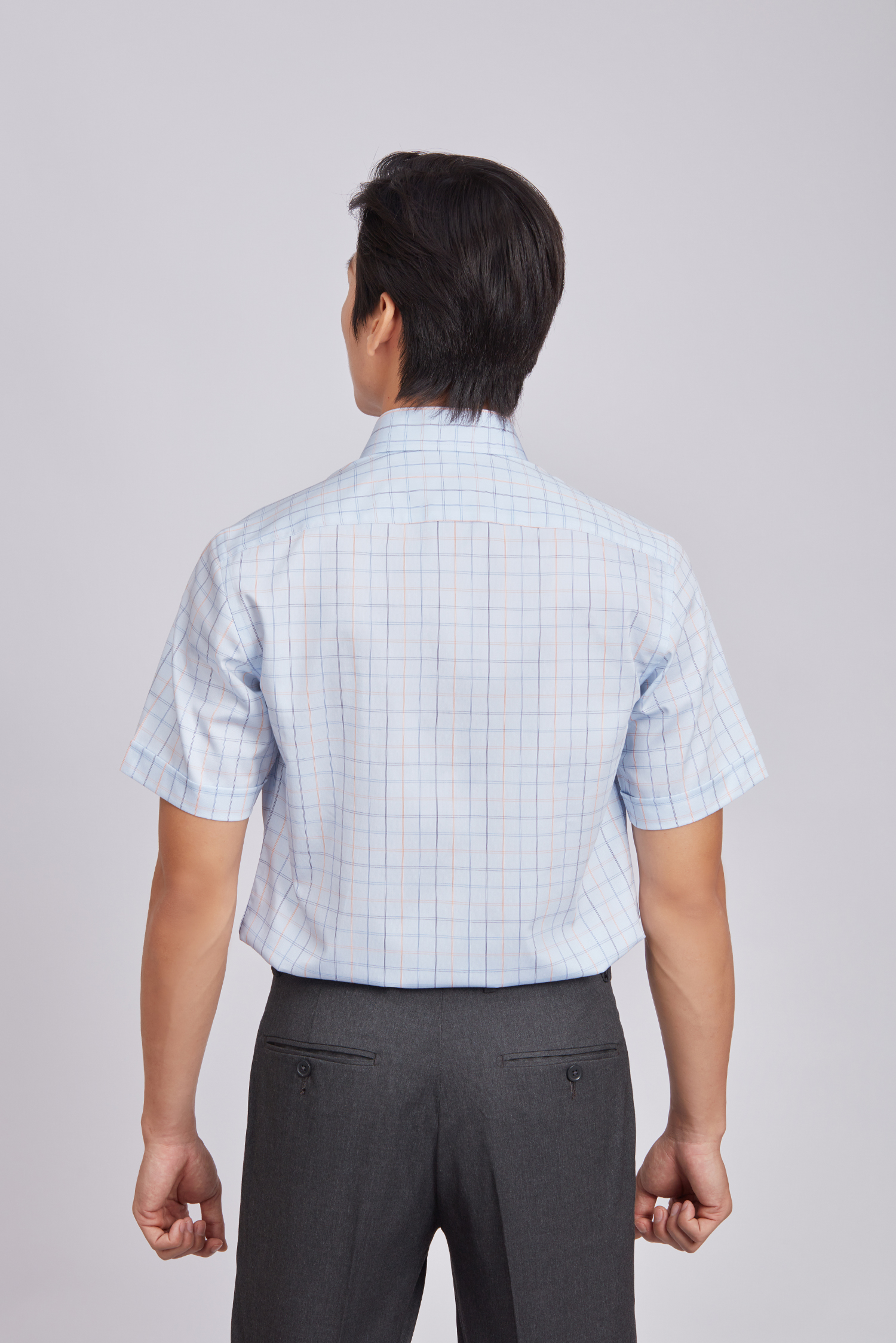 Sơ mi nam ngắn tay - Regular, vạt ngắn - Xanh caro