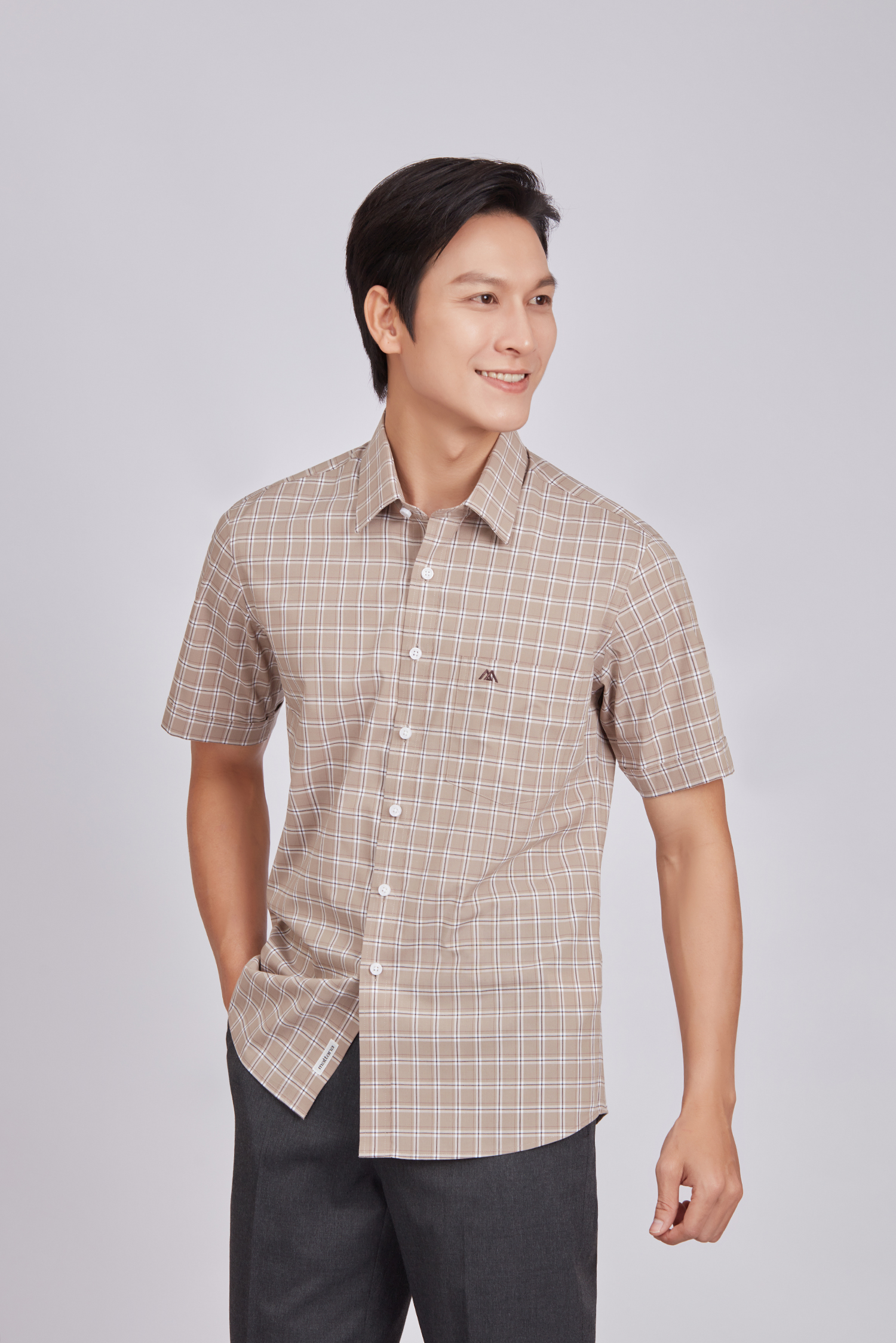 Sơ mi nam dài tay - Regular, vạt ngắn, màu Nâu caro
