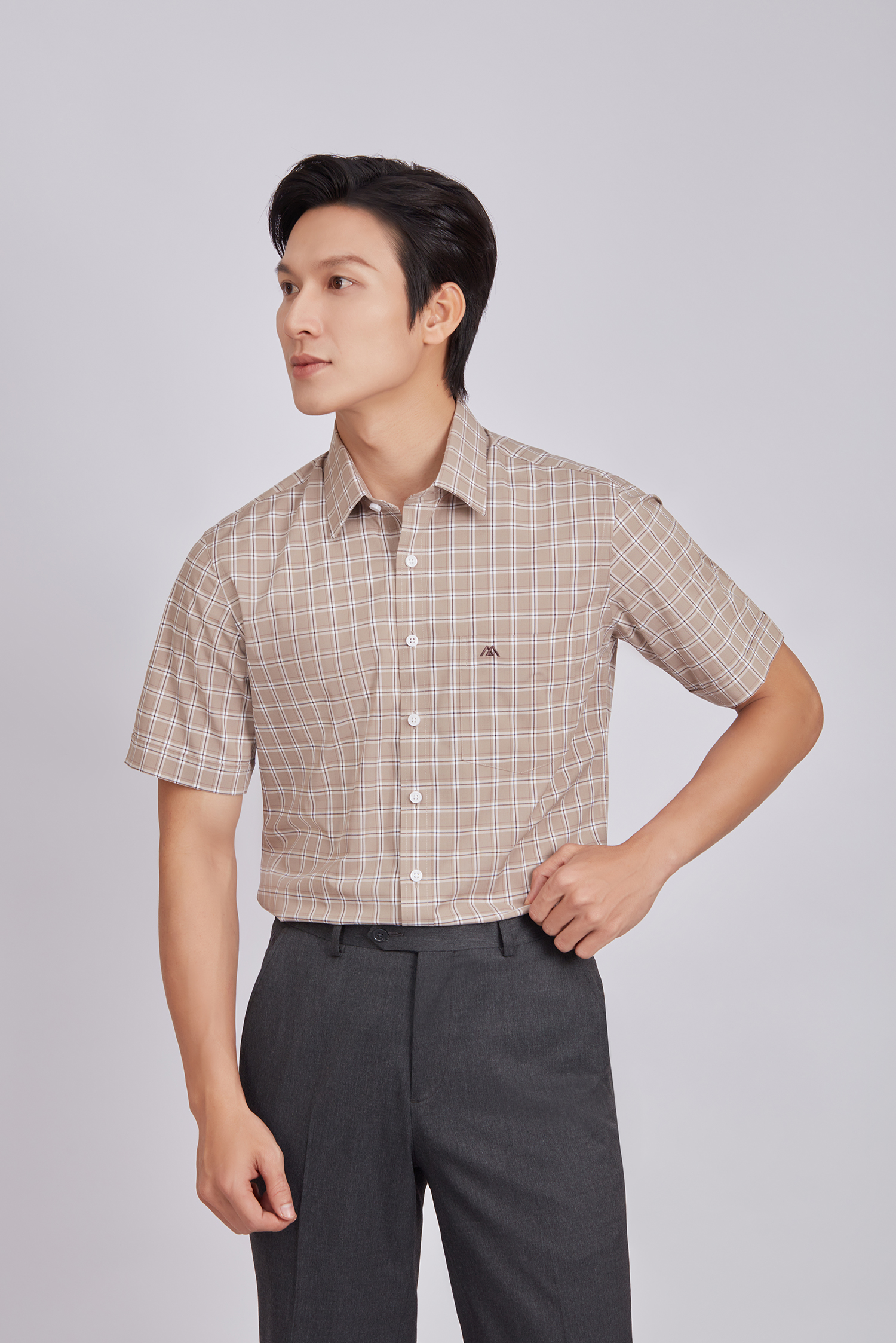 Sơ mi nam dài tay - Regular, vạt ngắn, màu Nâu caro