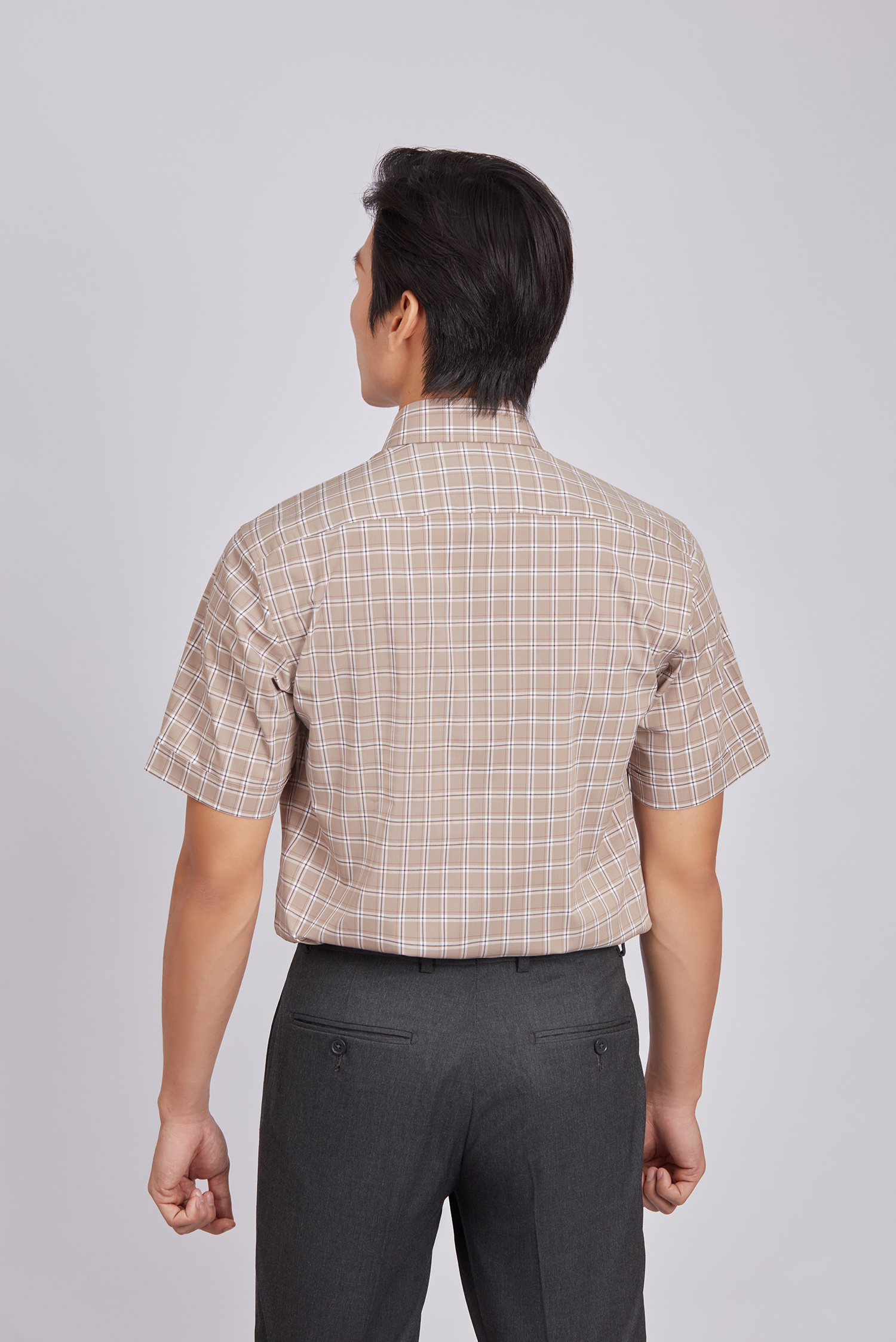 Sơ mi nam dài tay - Regular, vạt ngắn, màu Nâu caro