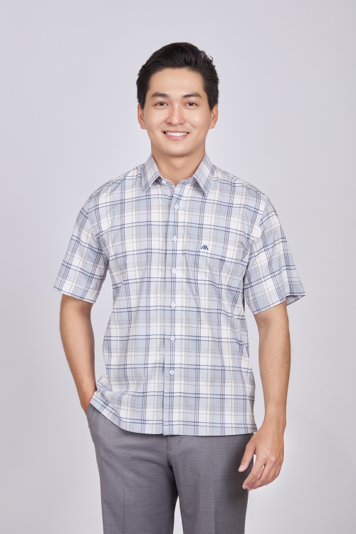 Sơ mi nam Ngắn tay - Casual, vạt ngang- caro