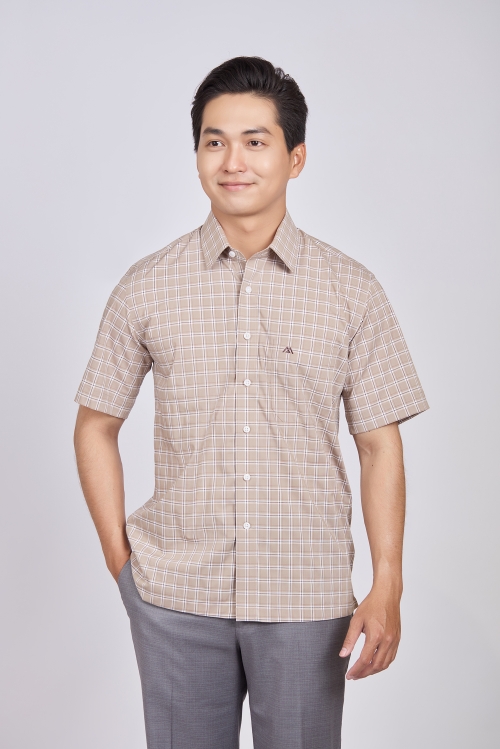 Sơ mi nam Ngắn tay - Casual, vạt ngang- caro nâu nhạt