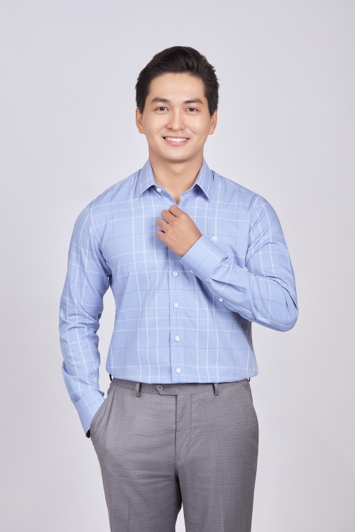 Sơ mi nam dài tay - Slimfit, vạt ngắn - Caro xanh