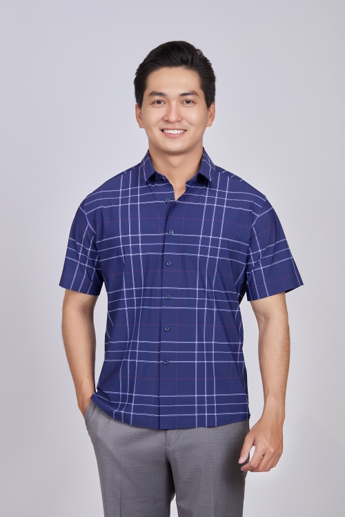 Sơ mi nam Ngắn tay - Regular, vạt ngắn - Caro xanh dương