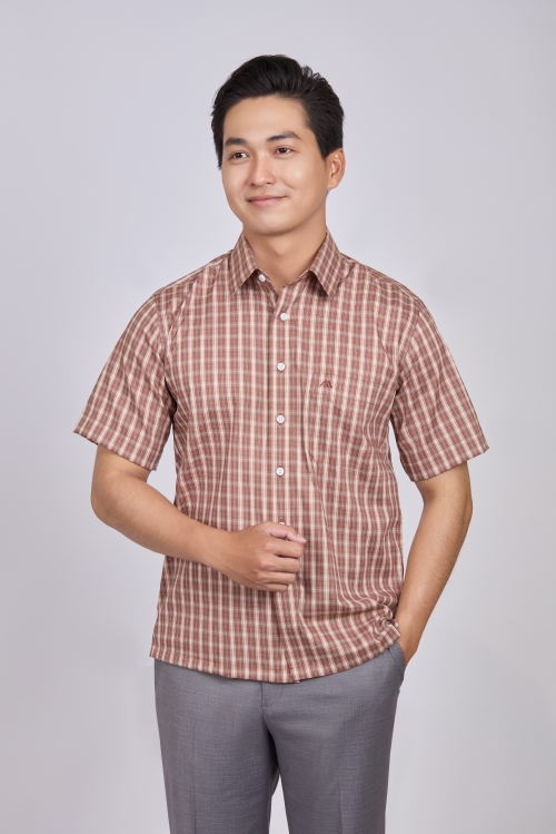 Sơ mi nam Ngắn tay - Casual, vạt ngang- caro nâu